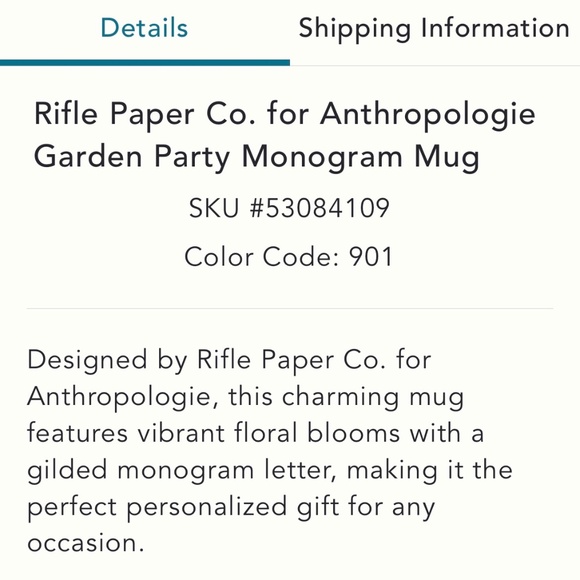 T [Rifle Paper Co] Blue Garden Party Monogram Floral Coffee Mug {Anthro} Tea Cup - Picture 12 of 16